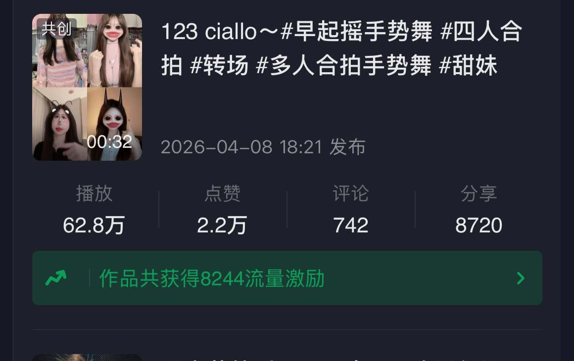 抖音62.8万播放与8720分享真实后台局部